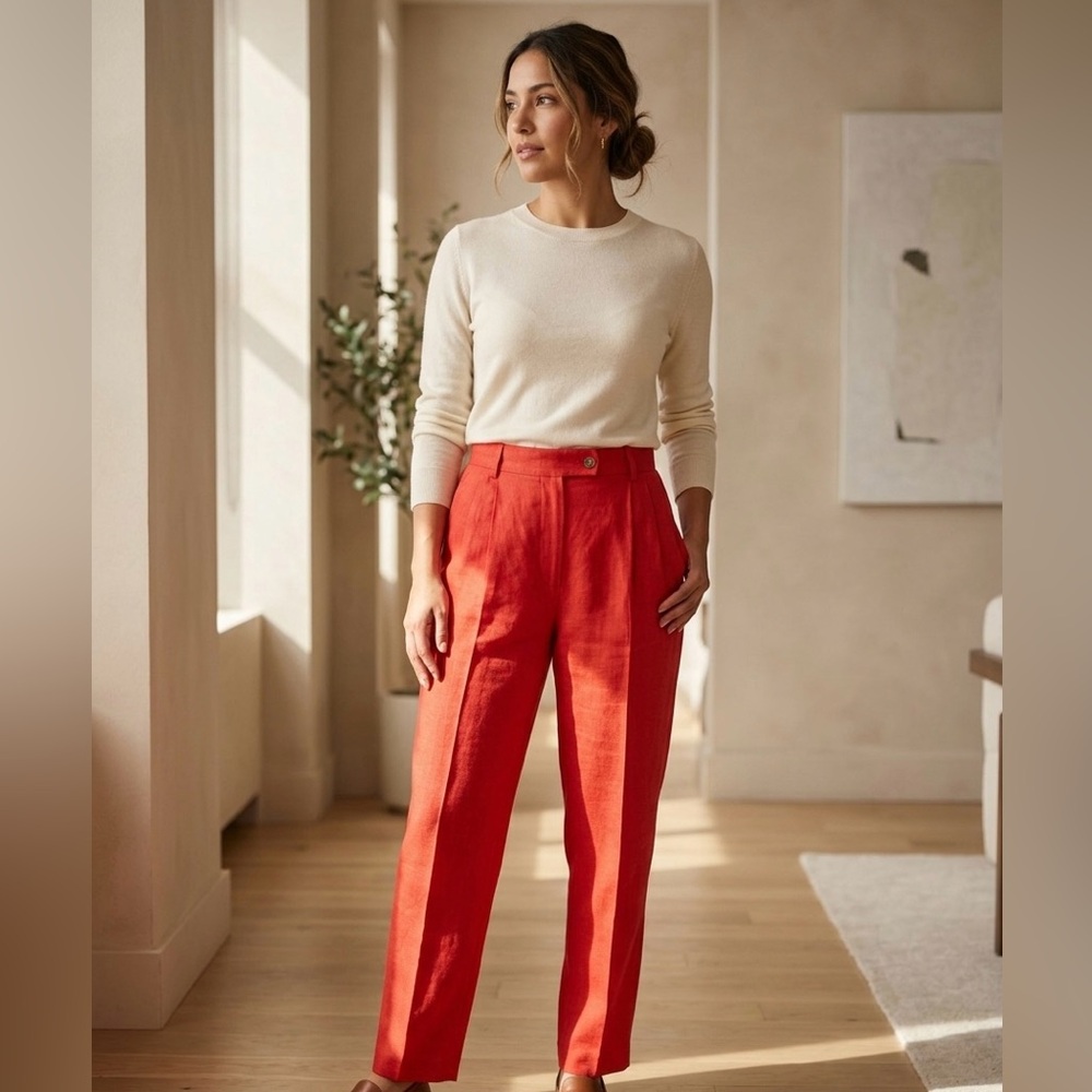 Vintage Harvé Benard Red Linen Blend Petite Pleated Tapered Pants Size 14